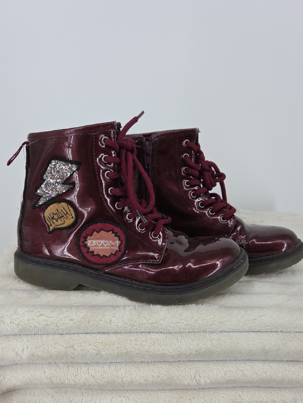 Zara Kids Burgundy Patent Lace-Up Ankle Boots with Patches